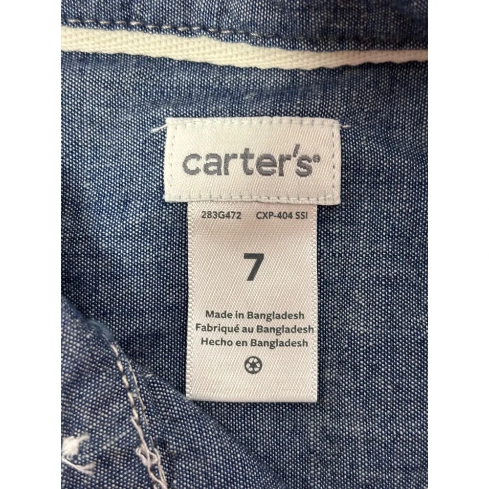 Carters Boys Size 7 Plaid and Chambray Blue Green Short Sleeve Button Down Lot 2